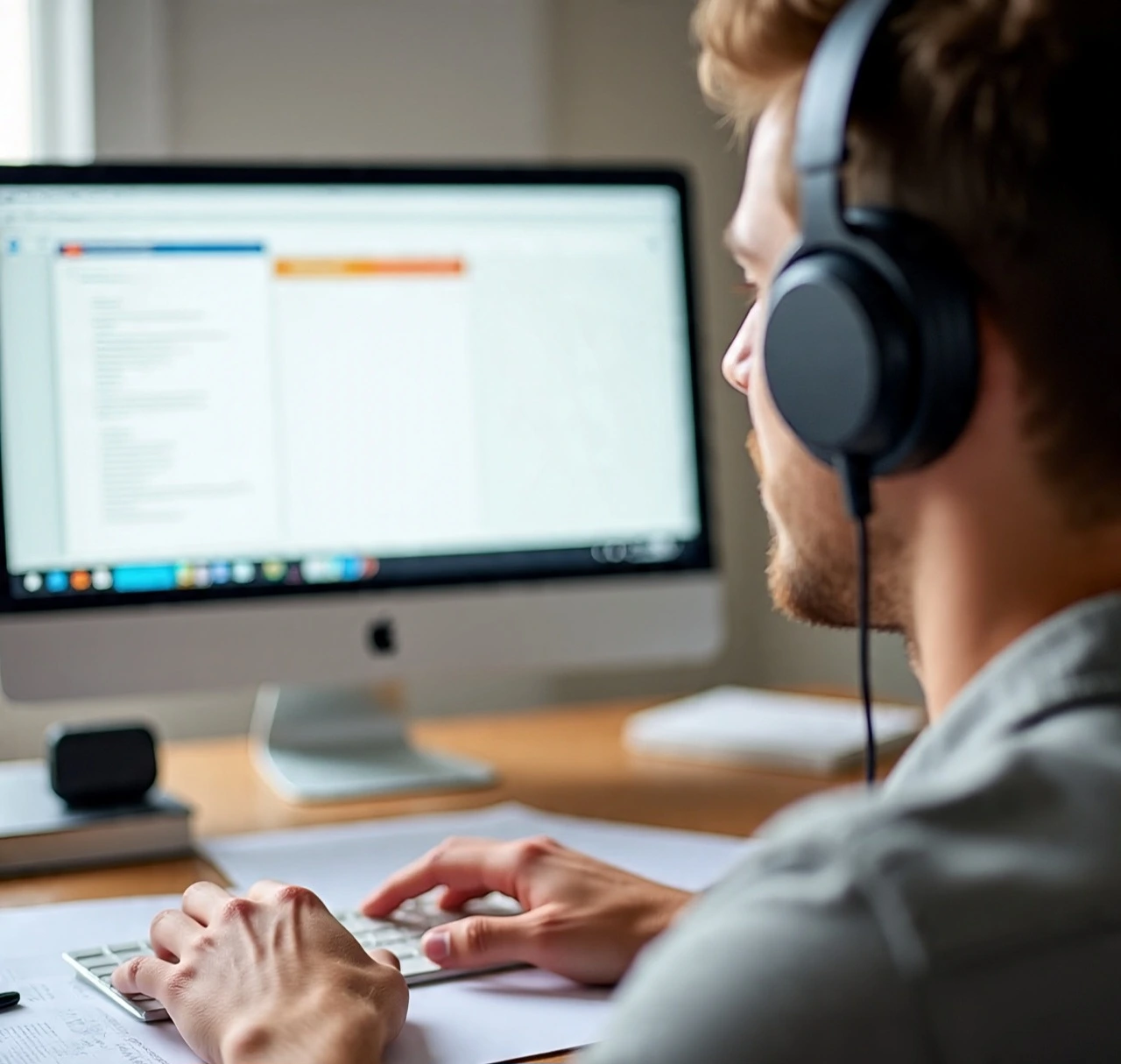 Un hombre con auriculares utiliza una computadora para acceder a un documento de texto. 