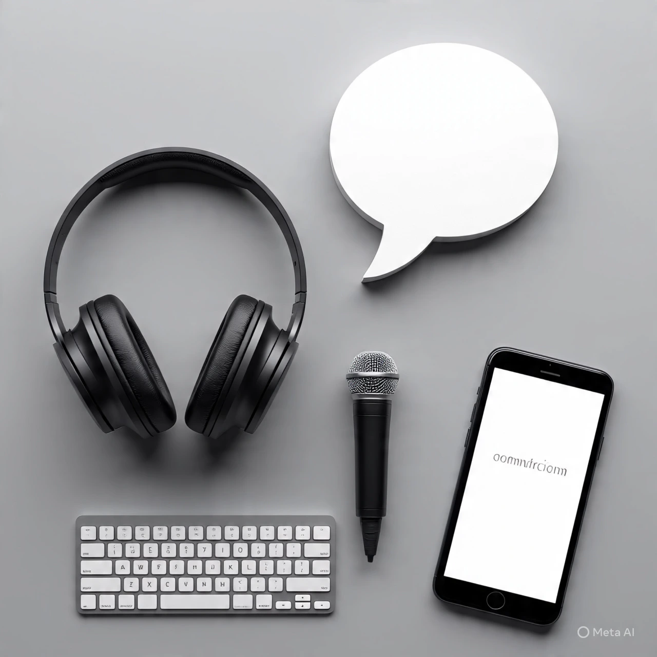 Bodegón minimalista de dispositivos electrónicos sobre un fondo gris, con auriculares, teclado, micrófono, teléfono móvil y burbuja de diálogo, que evocan conceptos de comunicación y tecnología.