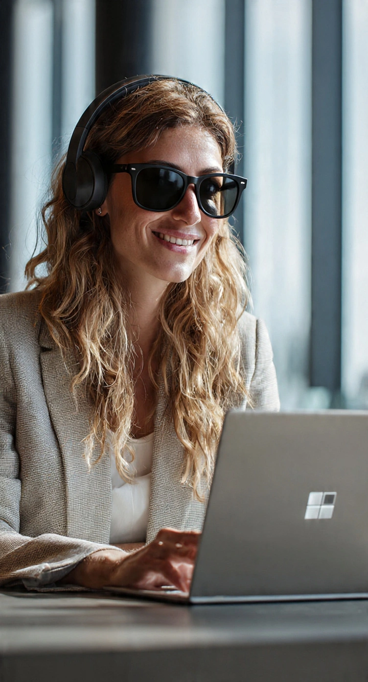 Una mujer joven con cabello rubio ondulado, gafas de sol oscuras y auriculares de diadema, sonríe mientras trabaja con una laptop frente a un ventanal iluminado."